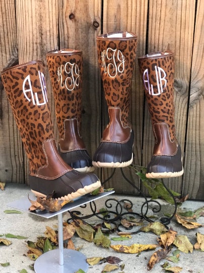 LEOPARD PRINT Duck boots, Monogram Duck Boots, Rain Boot, Boat-Shoe Style, Shoes, Personalized Duck Boots