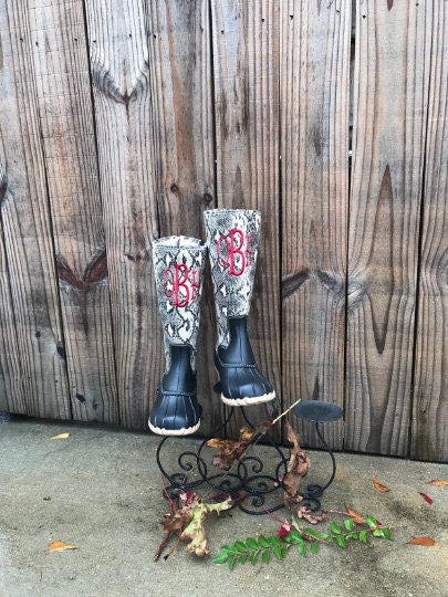 Tall boots, SNAKE SKIN Duck Boots, Mid Calf Animal Print Duck Boots ,Rain Boot, Boat-Shoes, winter boots, fall boots monogram boots