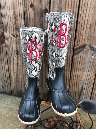 Tall boots, SNAKE SKIN Duck Boots, Mid Calf Animal Print Duck Boots ,Rain Boot, Boat-Shoes, winter boots, fall boots monogram boots