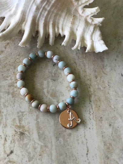 Handmade Natural Matte Amazonite Stone Bracelet, Rose Gold plate and Silver Initials.Semi precious stone