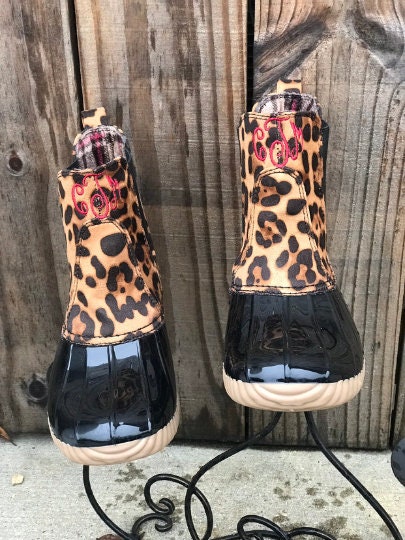 Monogram Ankle Leopard Duck boots, Slip On boots, Pull On boots, Monogram Rain Boot, Boat-Shoe Style, Gift for Her, personalized boots