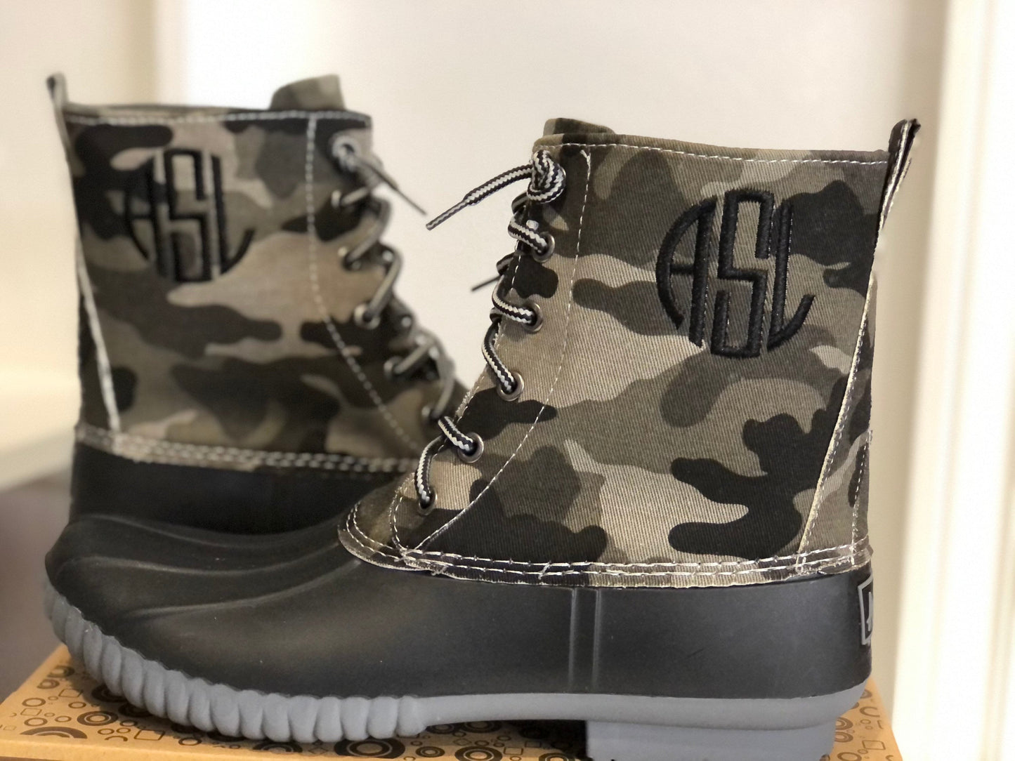 monogram Ankle boots, Monogrammed Camo Duck Boot. adult Duck Boots, Rain Boot, Boat-Shoe Style, Shoes, personalized boots