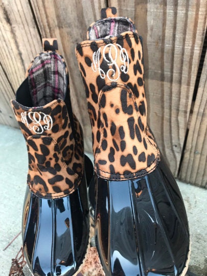 Monogram Ankle Leopard Duck boots, Slip On boots, Pull On boots, Monogram Rain Boot, Boat-Shoe Style, Gift for Her, personalized boots