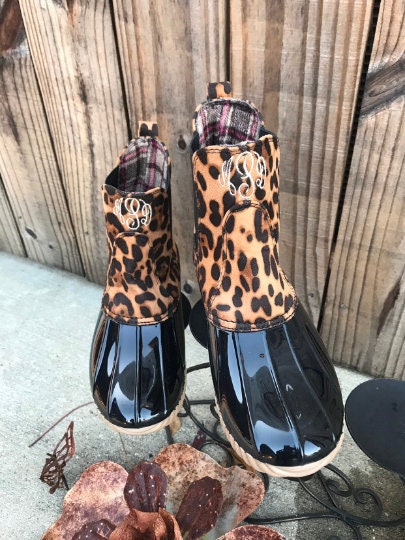 Monogram Ankle Leopard Duck boots, Slip On boots, Pull On boots, Monogram Rain Boot, Boat-Shoe Style, Gift for Her, personalized boots