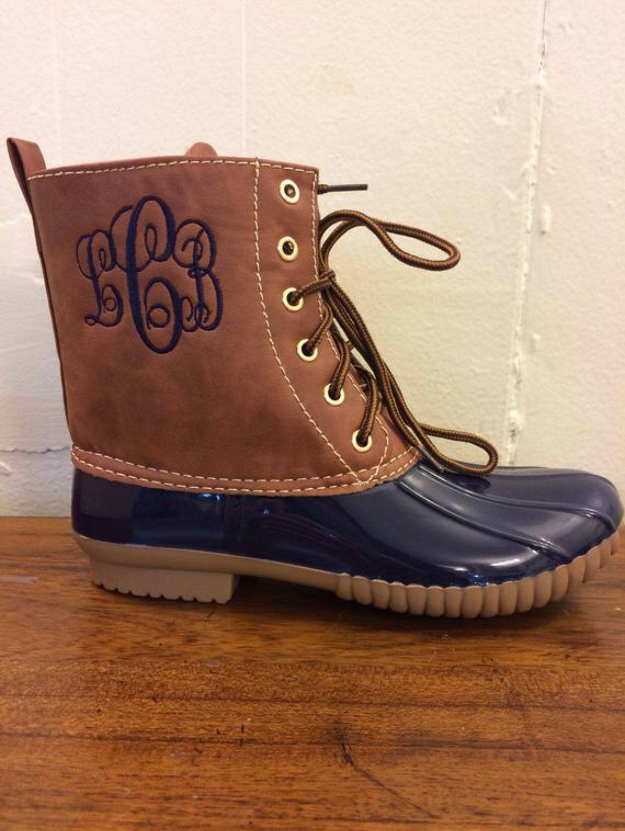 NAVY Duck boots, Monogram Duck Boots, Rain Boot, Boat-Shoe Style, Shoes two Tone, ankle boot, booties, personalized boots