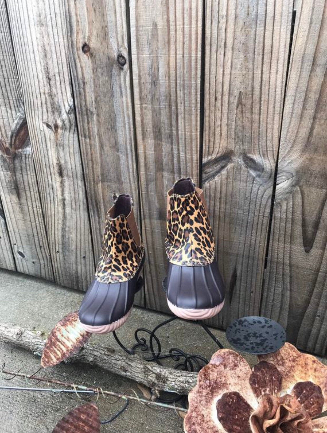 BROWN Monogrammed  Duck Boot Cheetah, Duck Boots, Rain Boot, Boat-Shoe Style, Shoes Two Tone, ankle boot