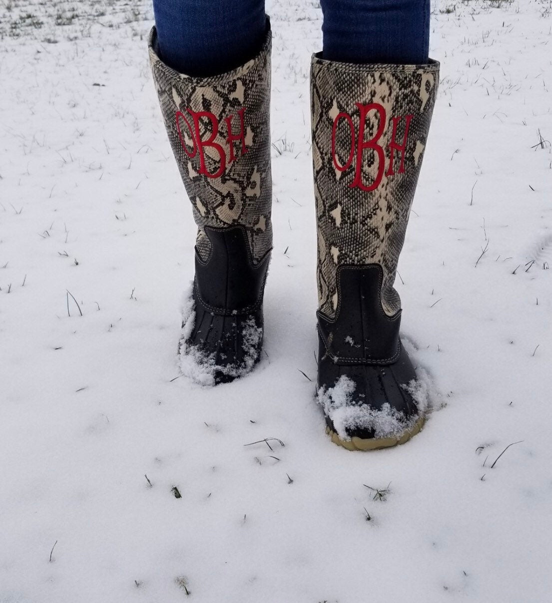 Tall boots, SNAKE SKIN Duck Boots, Mid Calf Animal Print Duck Boots ,Rain Boot, Boat-Shoes, winter boots, fall boots monogram boots