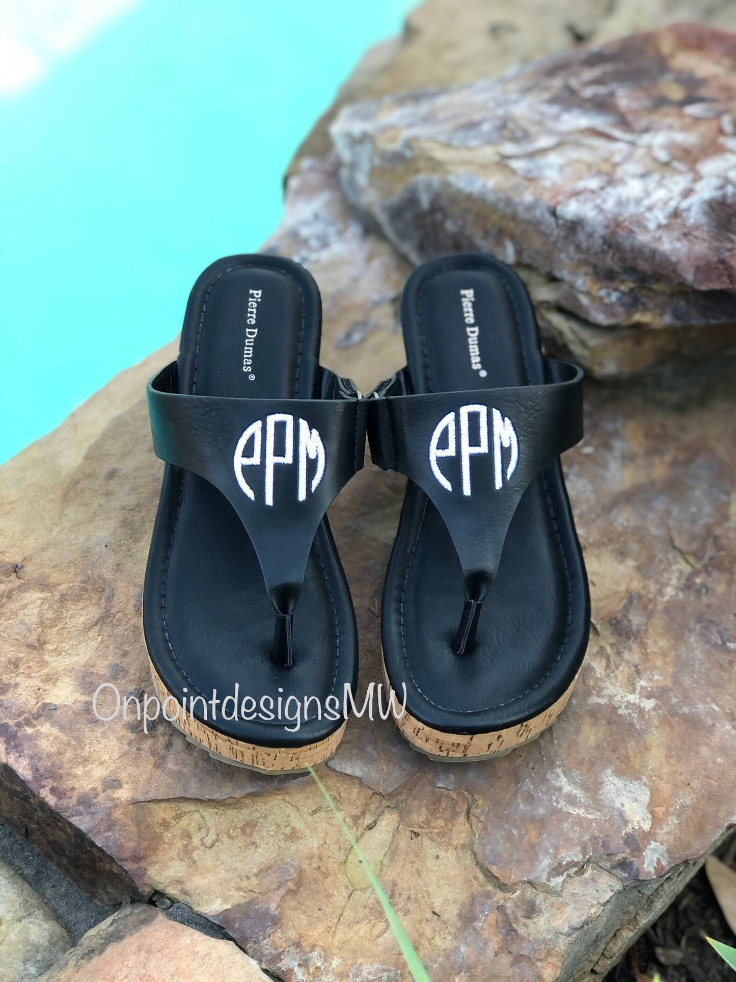 Black Cork Monogram Sandals, Personalized Sandals, Embroidery Sandals, Monogrammed Wedges, Cork Sandals, faux leather sandals