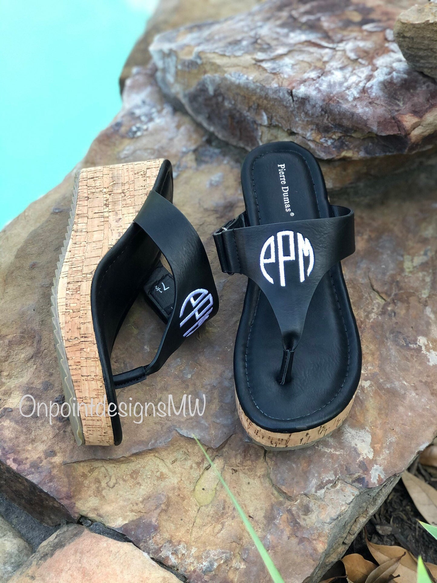 Black Cork Monogram Sandals, Personalized Sandals, Embroidery Sandals, Monogrammed Wedges, Cork Sandals, faux leather sandals