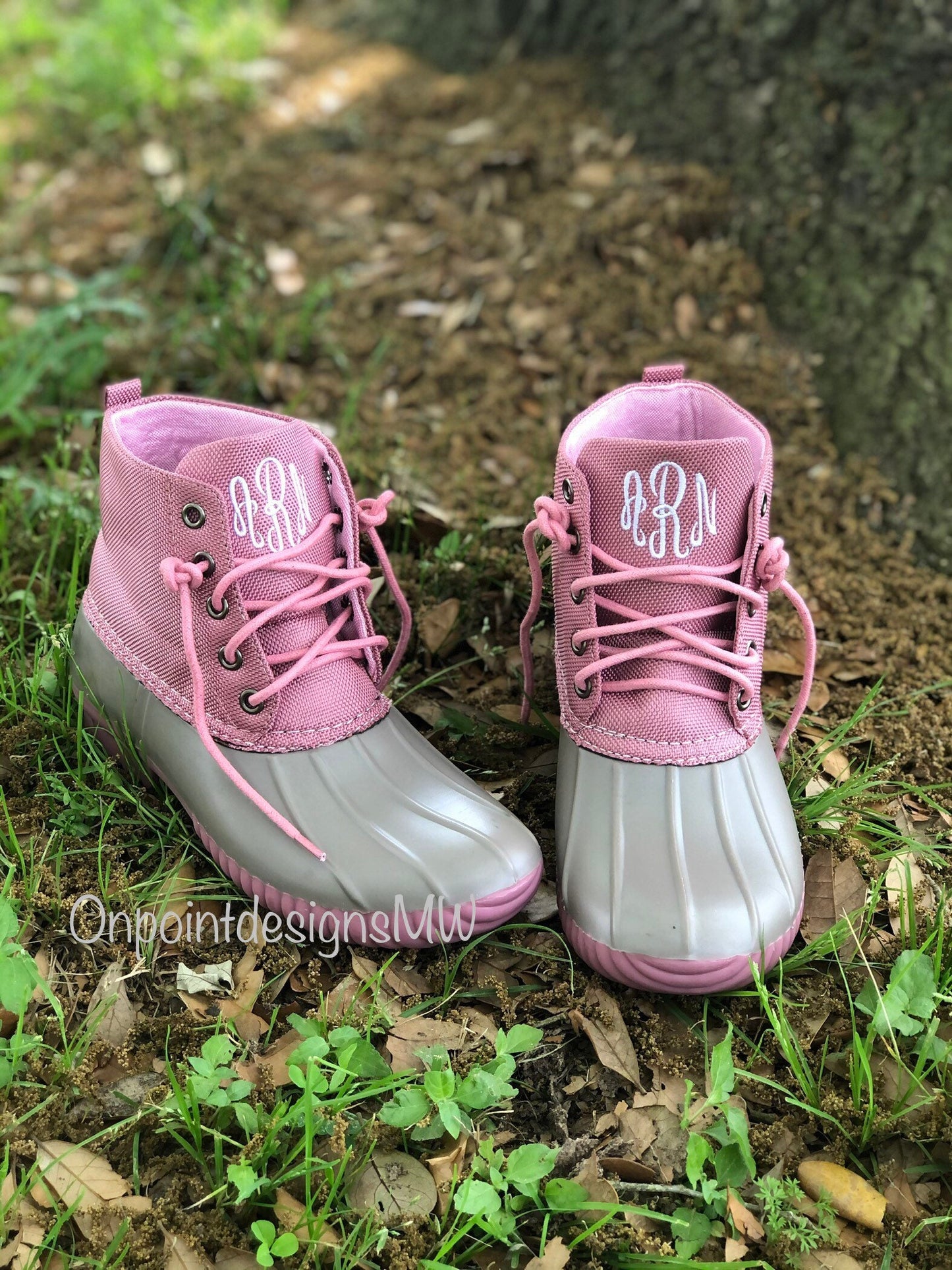 Monogrammed  Pink/Gray Duck Boot. adult Duck Boots, Rain Boot, Boat-Shoe Style, Shoes,Two Tone,ankle boot