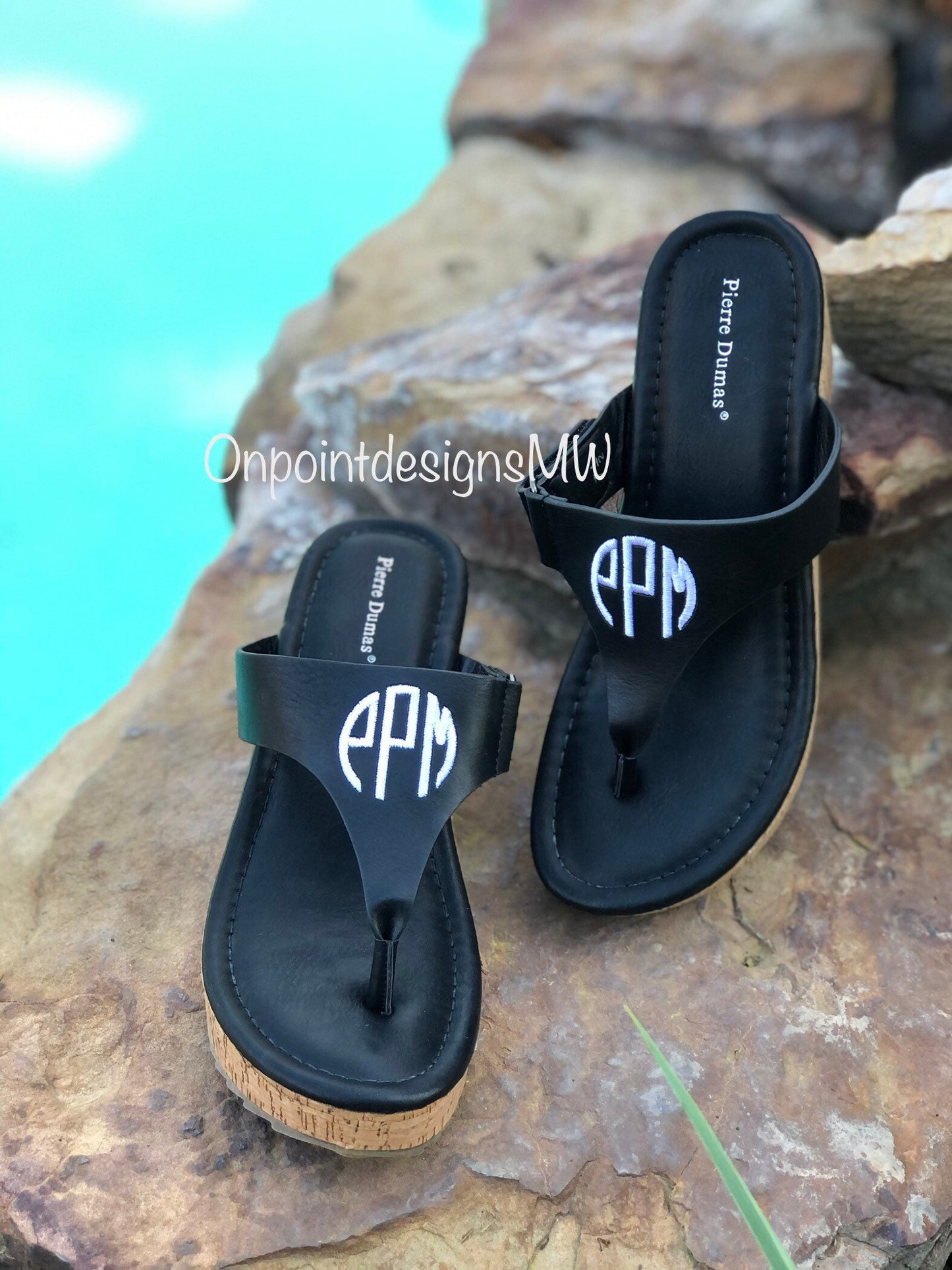 Black Cork Monogram Sandals, Personalized Sandals, Embroidery Sandals, Monogrammed Wedges, Cork Sandals, faux leather sandals