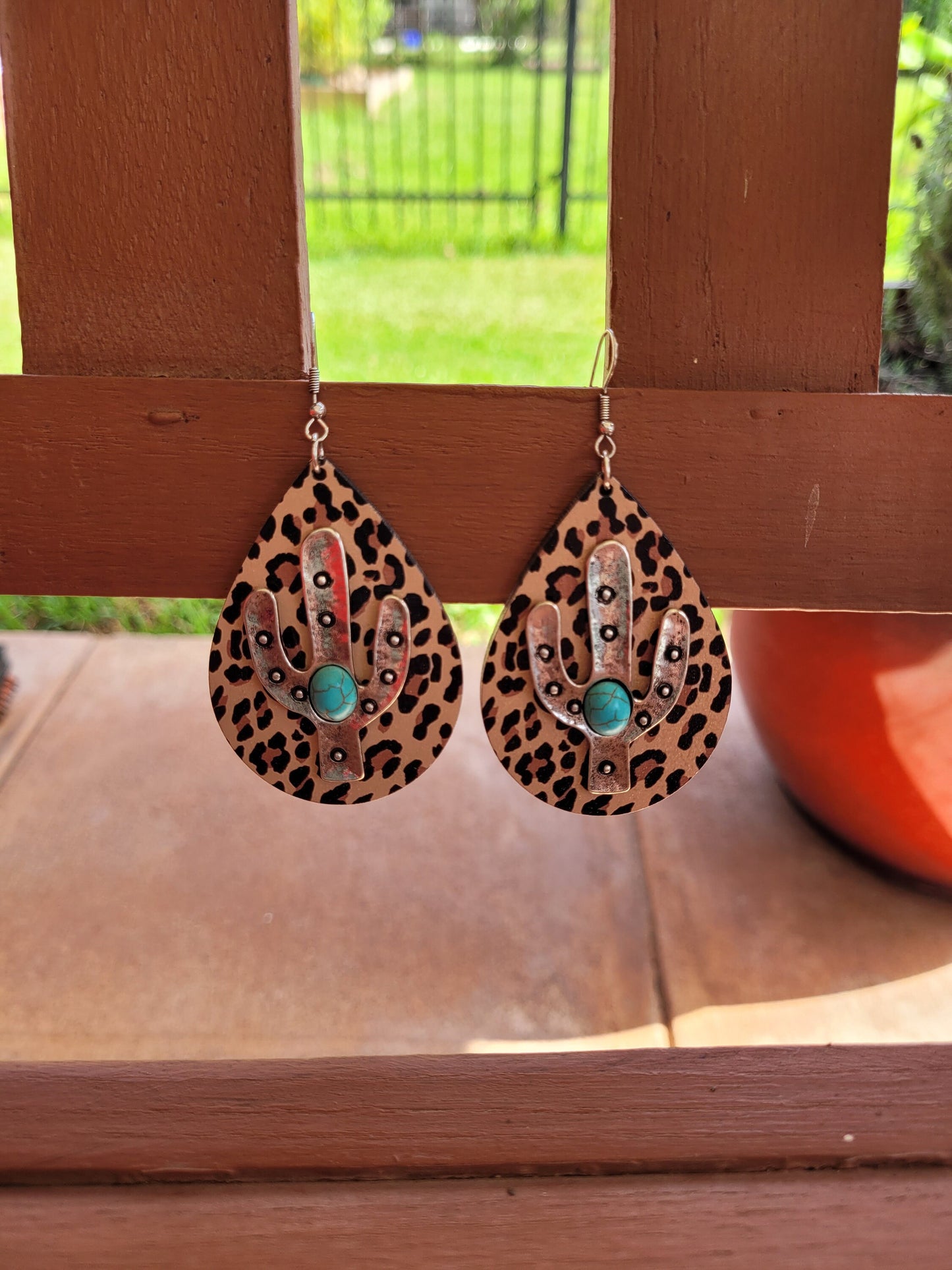 Wood Earrings, Teardrop Earrings, friendship gift, gift for her, Cactus earrings, Western earrings, leopard earring