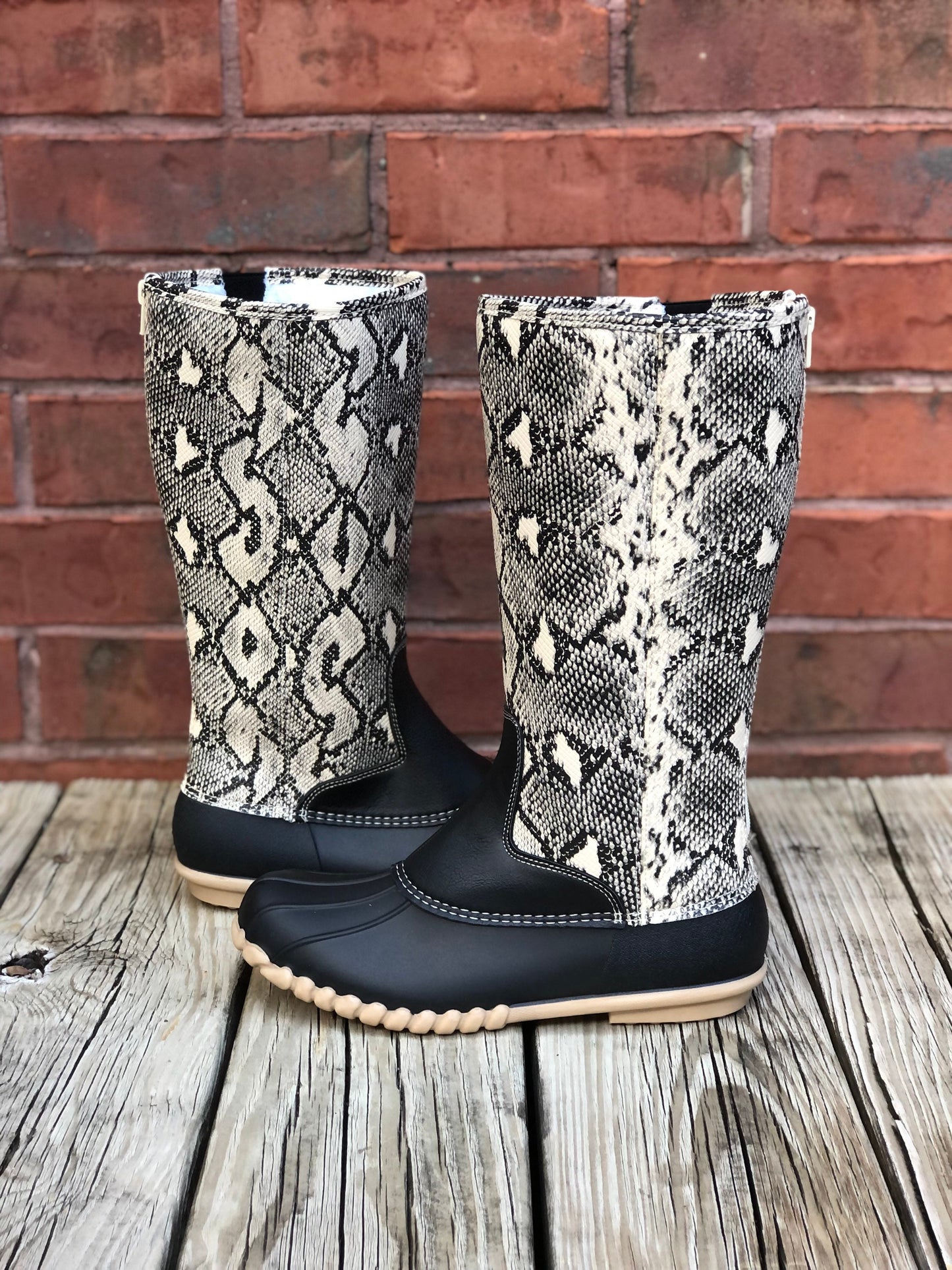 Tall boots, SNAKE SKIN Duck Boots, Mid Calf Animal Print Duck Boots ,Rain Boot, Boat-Shoes, winter boots, fall boots monogram boots