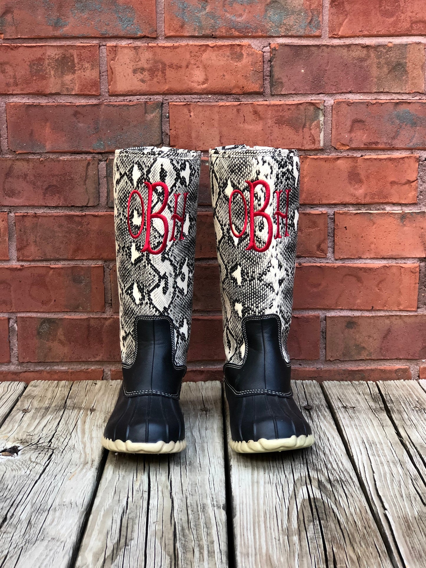 Tall boots, SNAKE SKIN Duck Boots, Mid Calf Animal Print Duck Boots ,Rain Boot, Boat-Shoes, winter boots, fall boots monogram boots