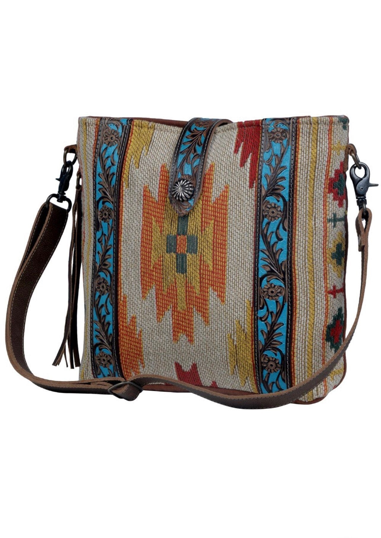 RUG Genuine LEATHER Crossbody Purse, Genuine Hand-Tooled Leather bag, Rug Crossbody purse, Shoulder Bag, canvas bag