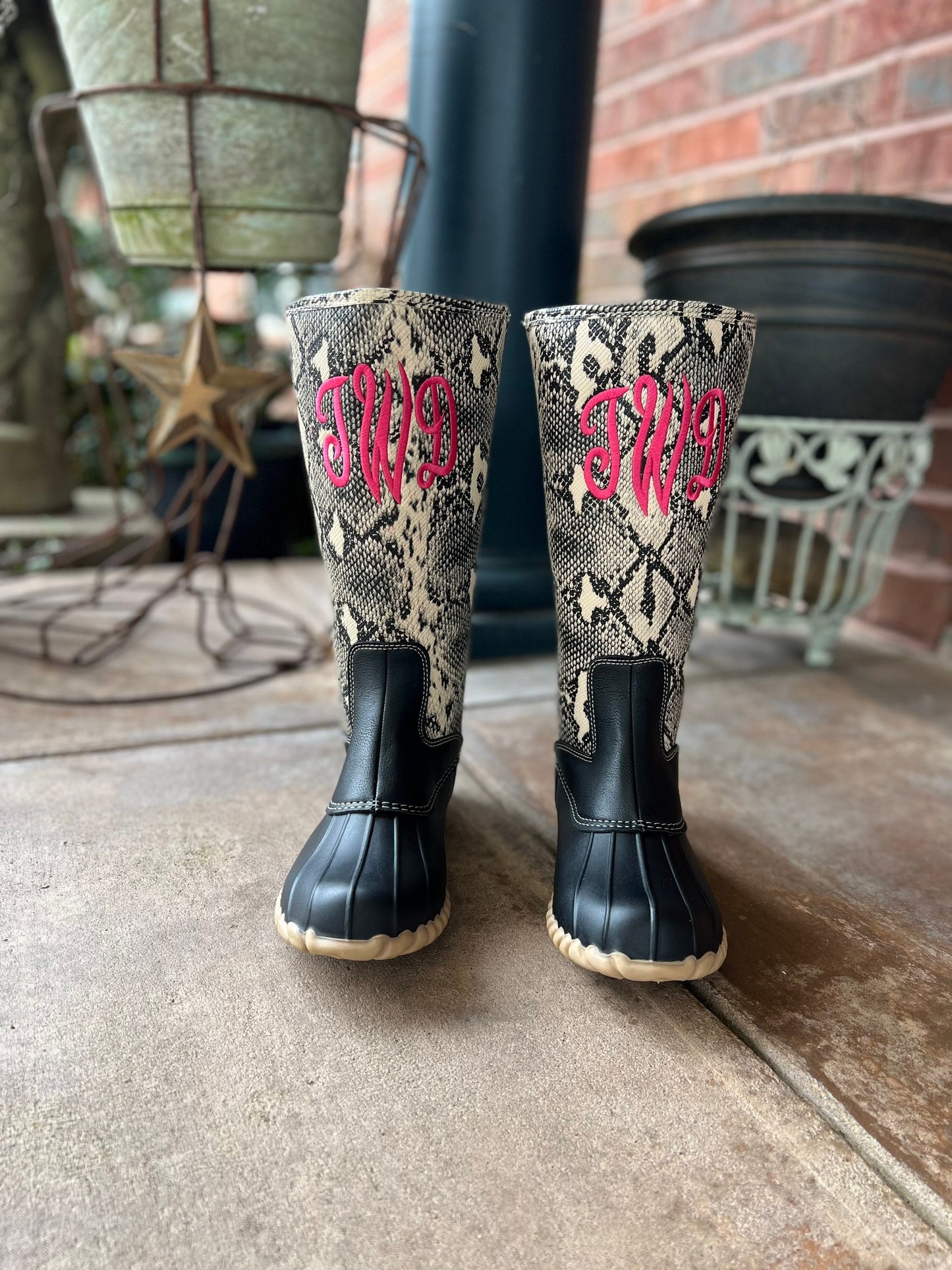 Tall boots, SNAKE SKIN Duck Boots, Mid Calf Animal Print Duck Boots ,Rain Boot, Boat-Shoes, winter boots, fall boots monogram boots