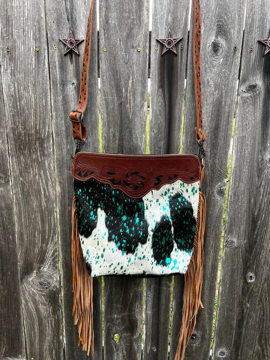 Genuine Leather Cowhide bag, Hand-Tooled Leather bag, fringe Cowhide purse, western fringe Bag, custom bag, leather purse, cowhide bag