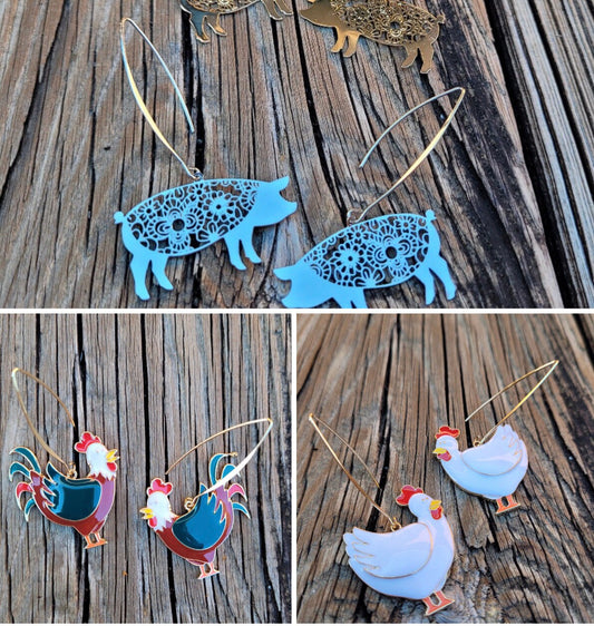 Shabby chic chicken earrings, rooster Earrings, Pig Earrings, animal Earrings, chicken earrings